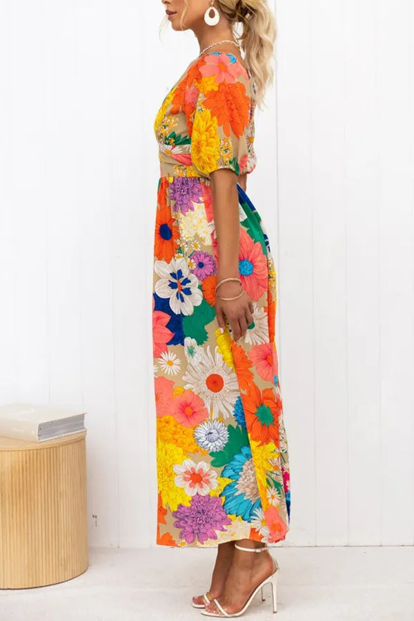 Floral Frenzy Printed Puff Sleeve Back Smocked Maxi Dress