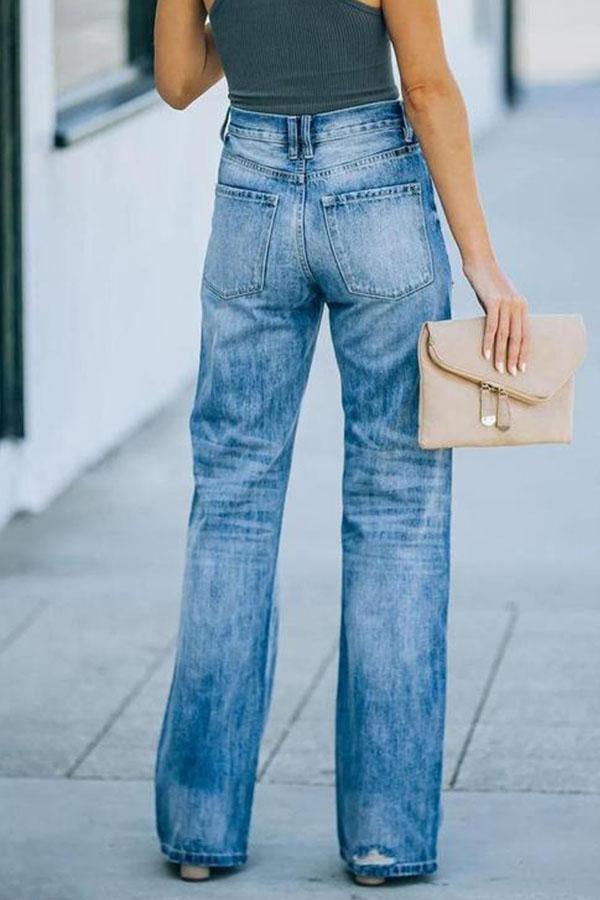 Shayna Chic Waist Ripped Denim Wide Leg Jeans