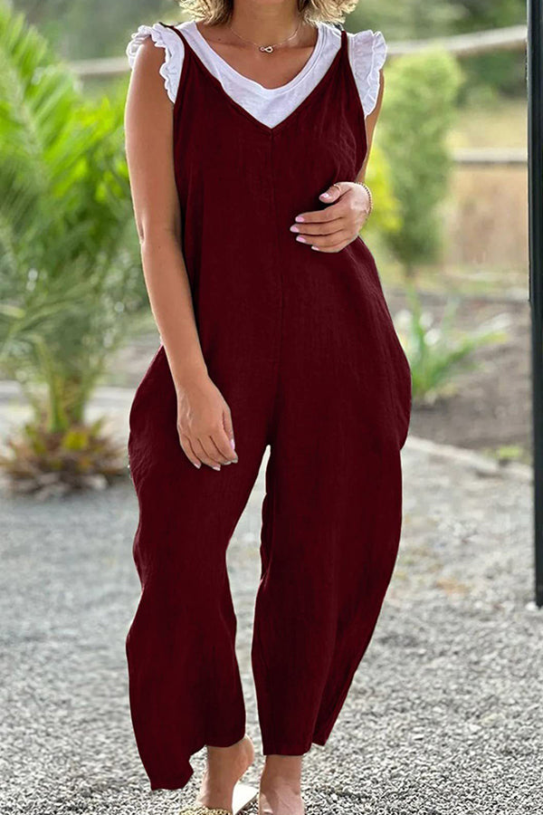 V-neck wide-leg pants suspenders solid color long jumpsuit