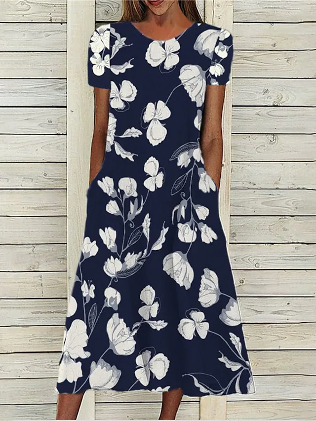 Round Neck Floral Casual Midi Dresses