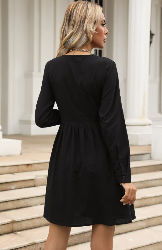 Women's Slim Shirt Dress Black V-Neck Cotton Linen Dress