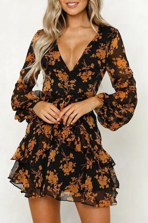 V-neck Printed Long-sleeved Dress