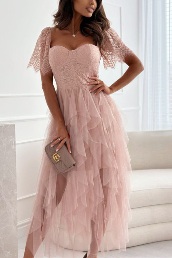 Pretty In Provence Lace Tulle Sweetheart Neck Ruffle Midi Dress