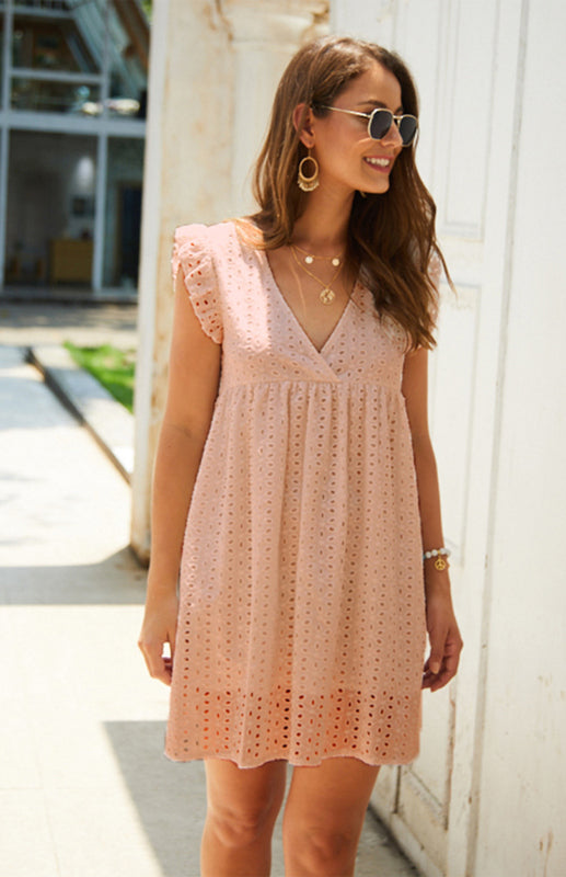 Women's V-Neck Short-Sleeved Lace Midi Dress