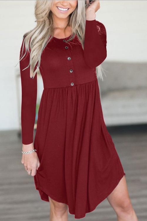 Round Neck Button Long Sleeve Dress