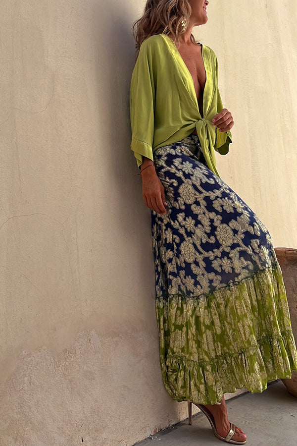 Summer Harvest Golden Floral Gradient Elastic Waist Maxi Skirt