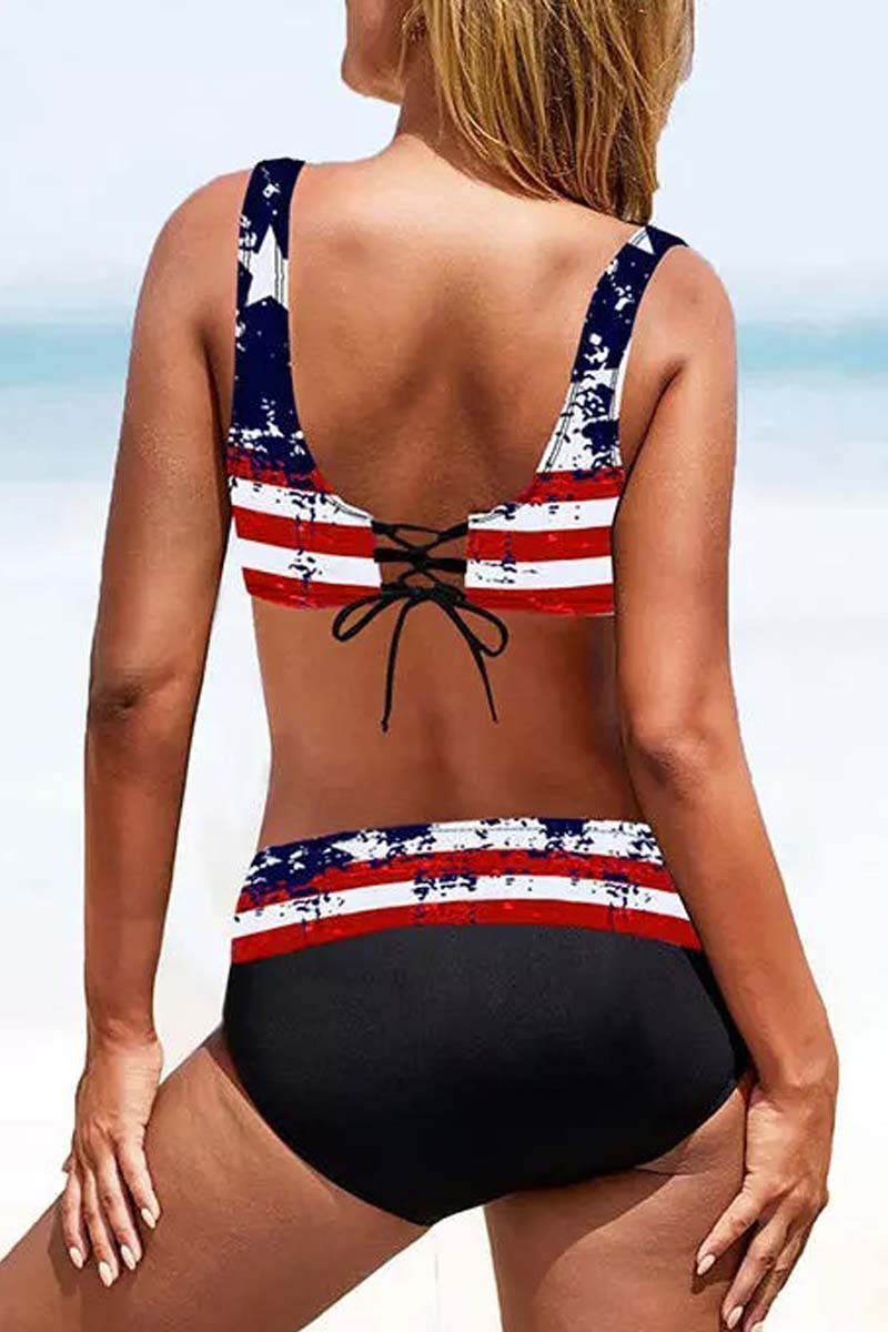 American Flag Star Lace Up Two Piece Swimsuit