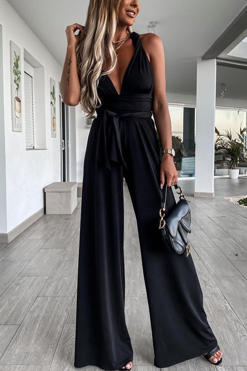 Solid Color Slim V Neck Lace Up Sleeveless Jumpsuit