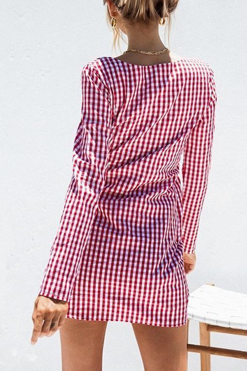 V-neck Plaid Bow Tie with Long Sleeve Dress