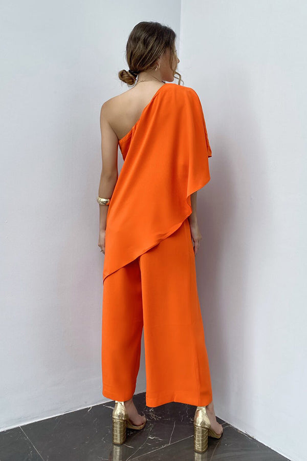 Loose Solid Color Sexy Sloping Shoulder Jumpsuit