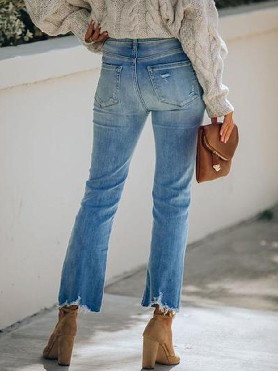 Distressed Ripped Straight-Leg Cropped Jeans