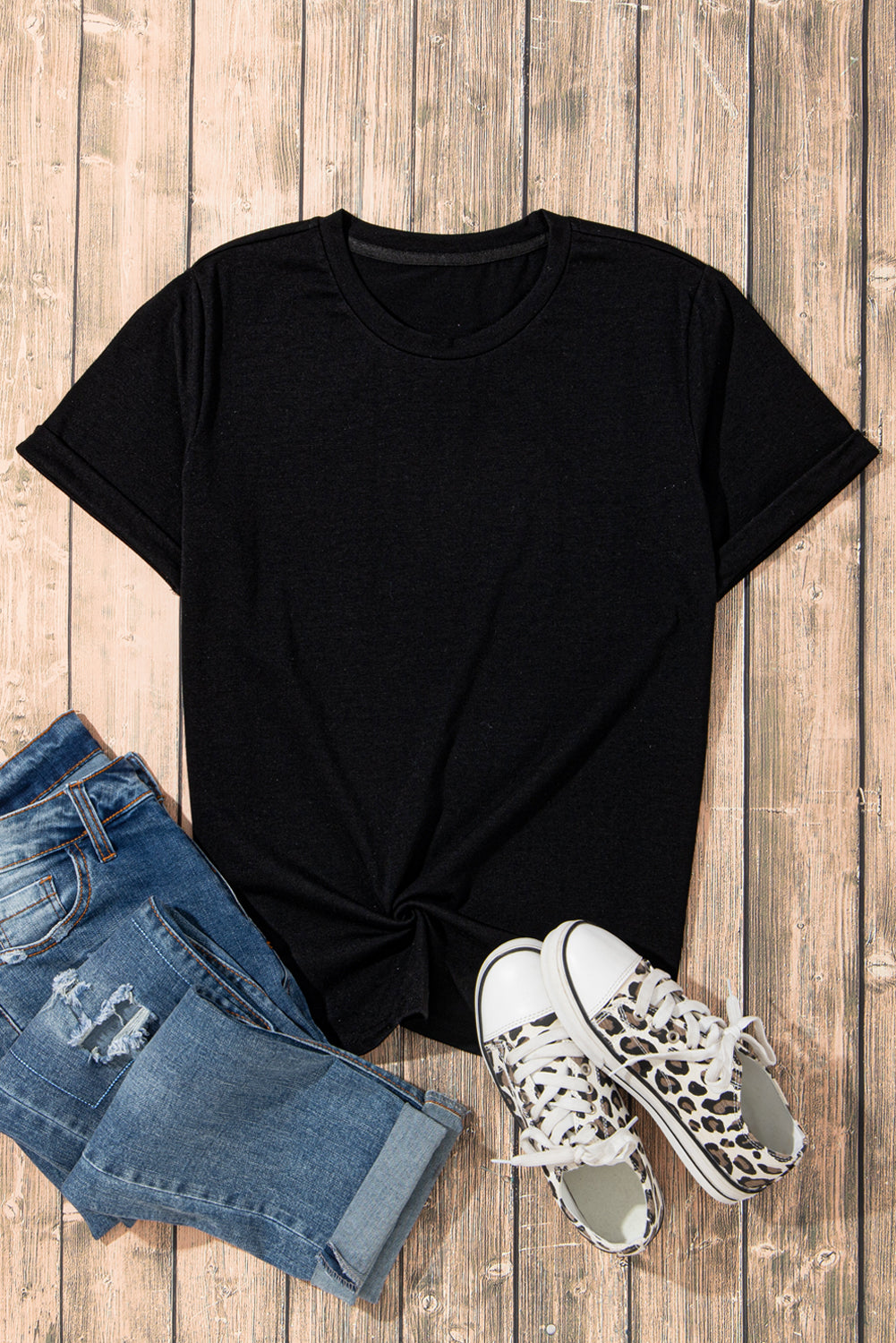 Blue Casual Plain Crew Neck Tee