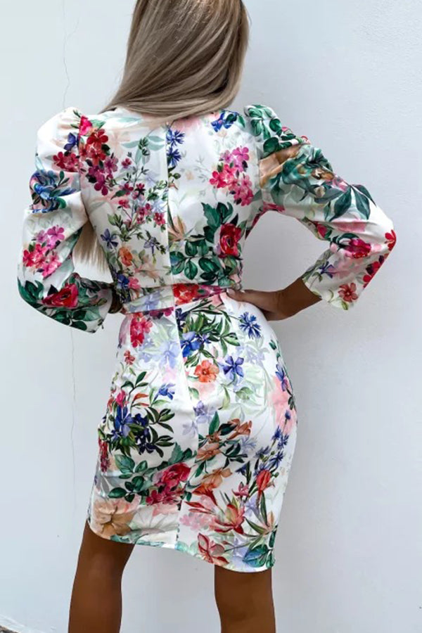 Sunshine and Roses Floral Puff Shoulder Wrap Mini Dress