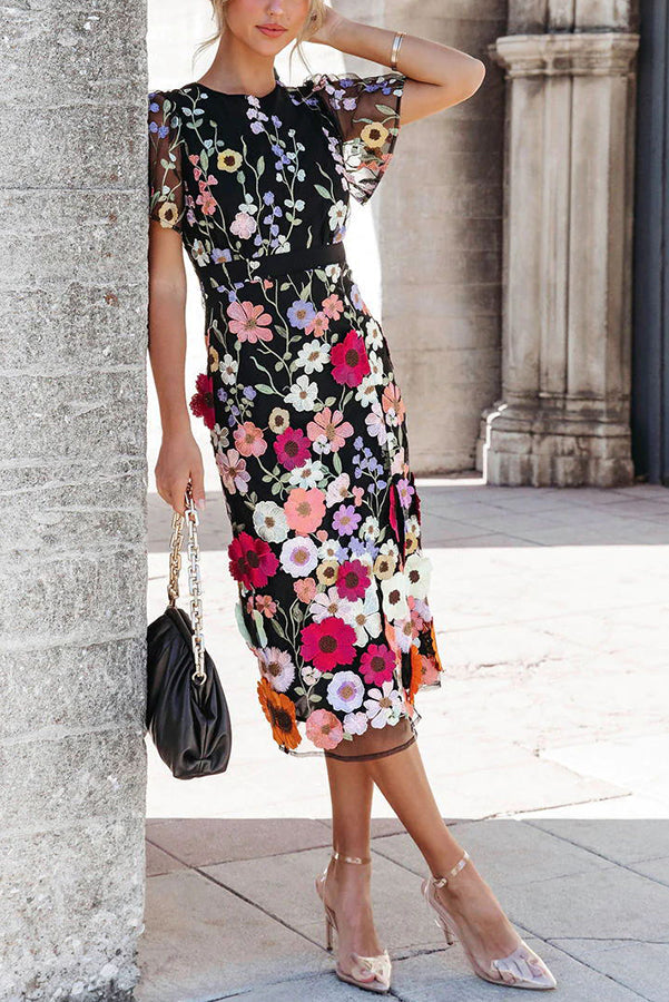 My Fair Lady Floral Applique Slit Midi Dress