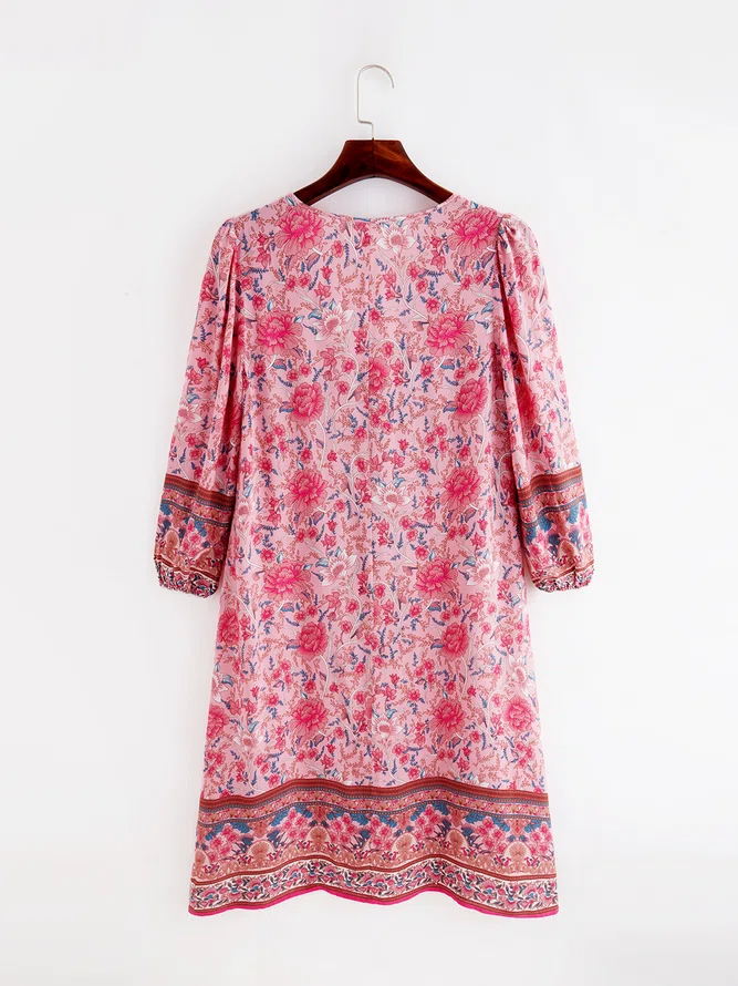 Loosen V Neck Boho Long sleeve Woven Dress