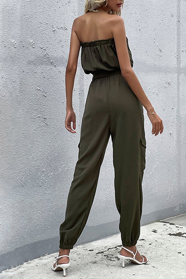 Summer off Shoulder Straight Long Jumpsuit with Belt