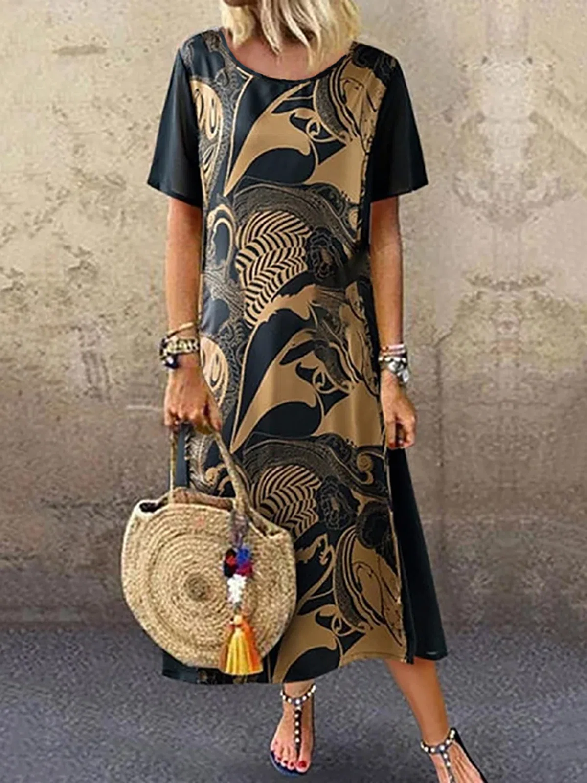 Round Neck Tribal Casual Midi Dresses