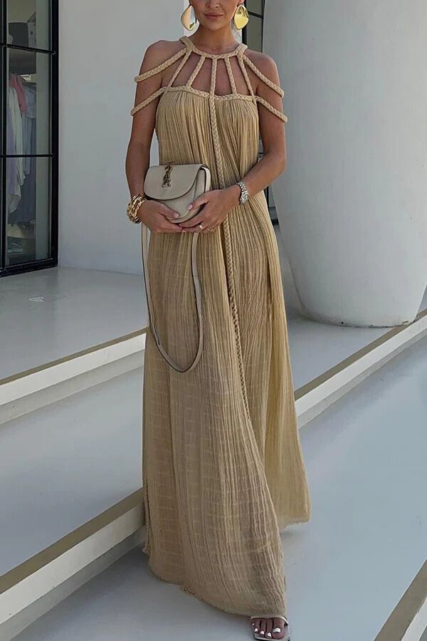 Sophisticated Linen Blend Draped Braids Cover Up Maxi Dress