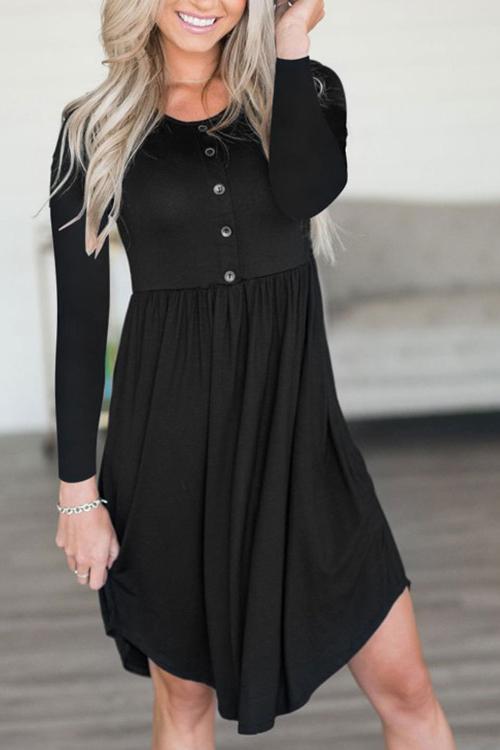 Round Neck Button Long Sleeve Dress