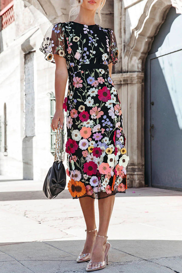 My Fair Lady Floral Applique Slit Midi Dress