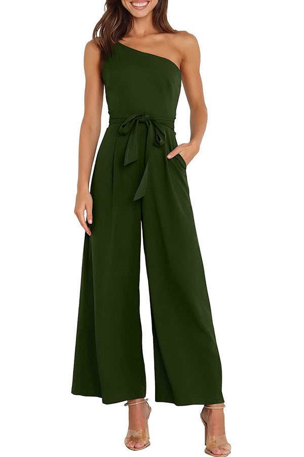 Solid color straight-through pants strapless jumpsuit