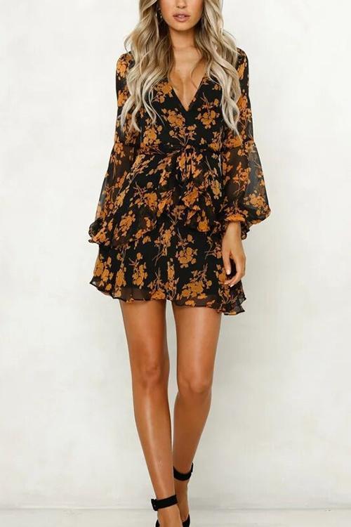 V-neck Printed Long-sleeved Dress