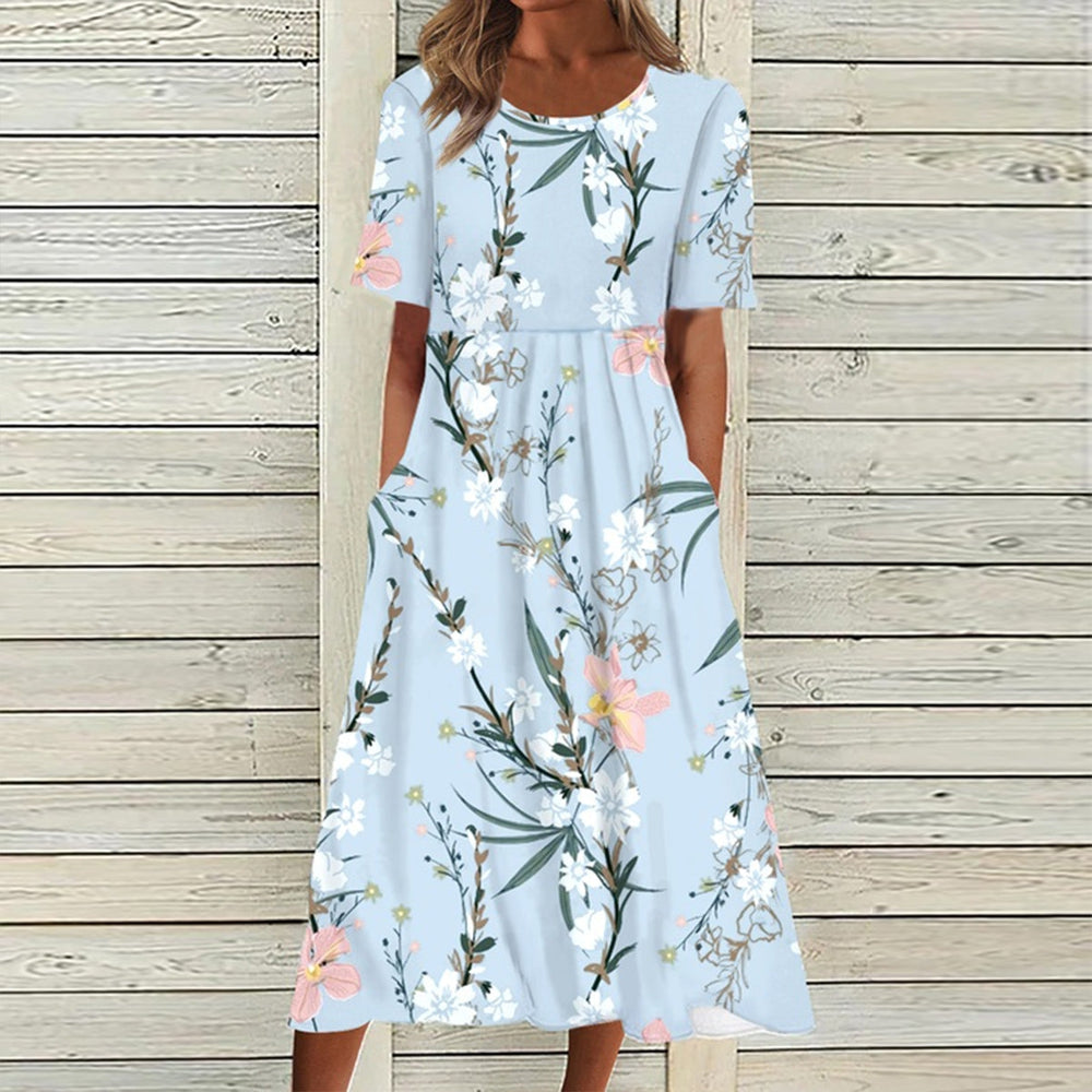 Baby Blue Floral Print Pleated Side Pocket Midi Dress