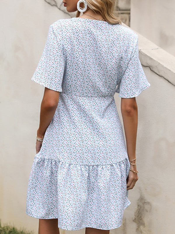 Floral Dress Short Sleeve V Neck Short Slim Fit Dress