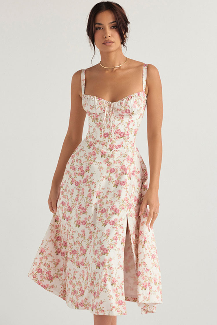 Fresh Bustier Tie Front Slit Floral Printed Midi Sundress - Pink