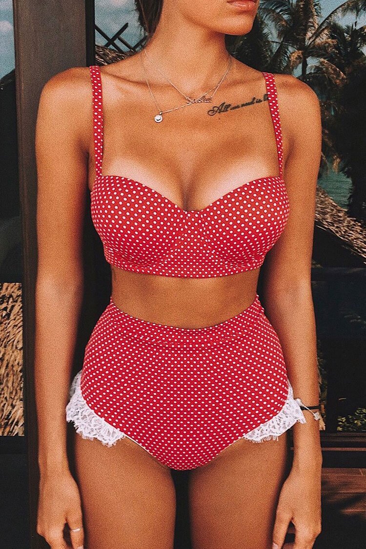 High Waist Polka Dot Splicing Lace Bikini Swimsuit - Two Piece Set