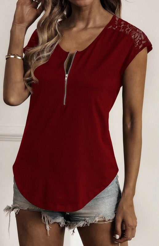 Women's Round Neck Semi-Stranded Stitching Lace Short Sleeve Tops