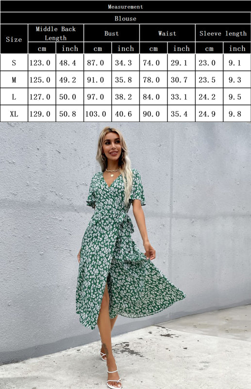 Women's Floral Print V Neck Wrap Knot Side Short Sleeve Dress