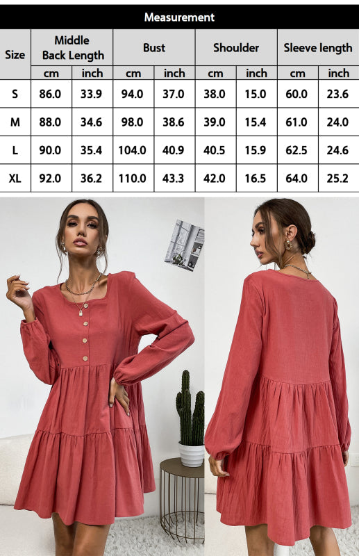 Women's Pleated Solid Color Round Neck Long Sleeve Cotton Linen Loose Dress