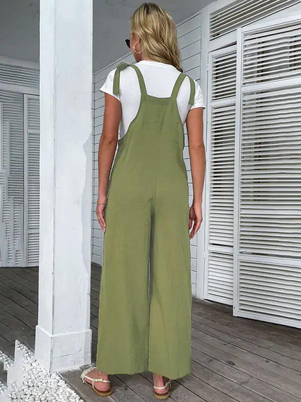 Women's 2022 summer solid color wide-leg cotton and linen overalls