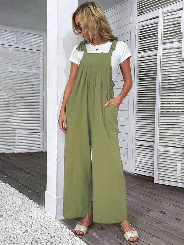 Women's 2022 summer solid color wide-leg cotton and linen overalls