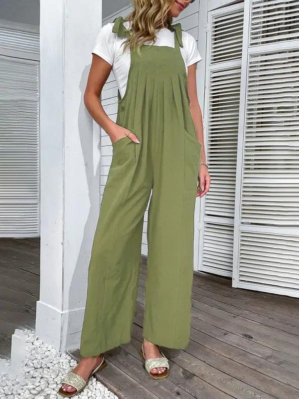 Women's 2022 summer solid color wide-leg cotton and linen overalls