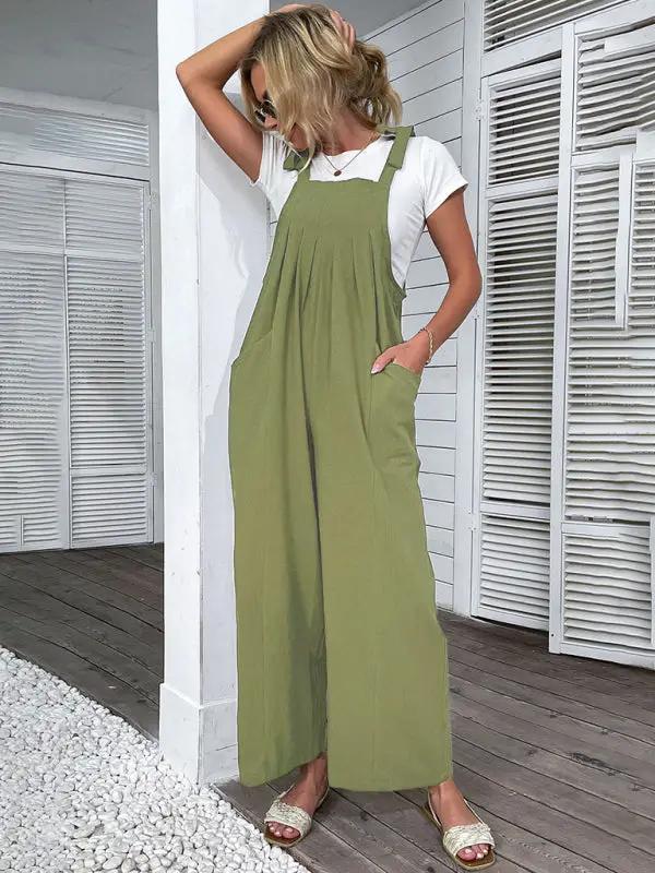 Women's 2022 summer solid color wide-leg cotton and linen overalls