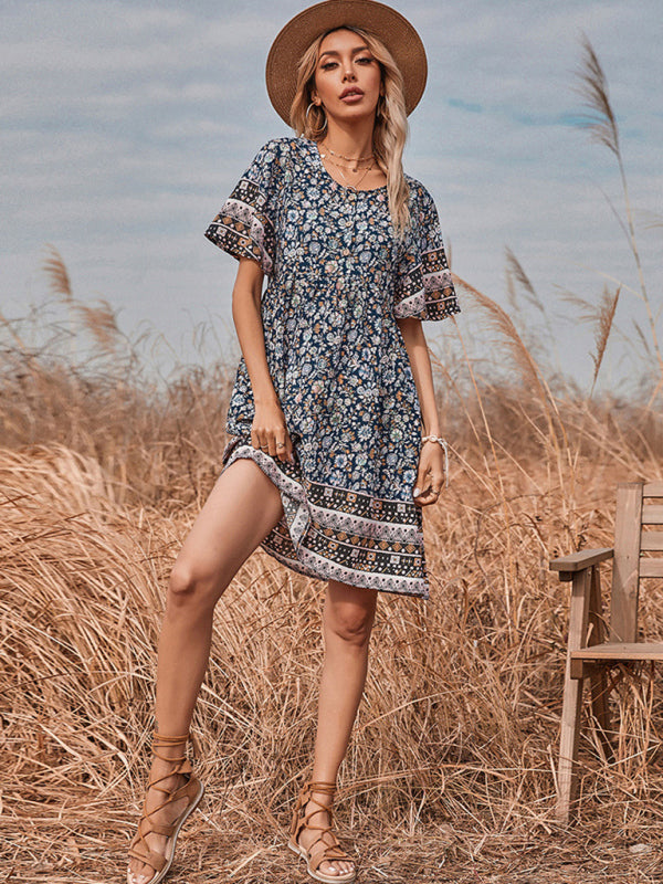 New Women's Printed Round Neck Short Vintage Dress