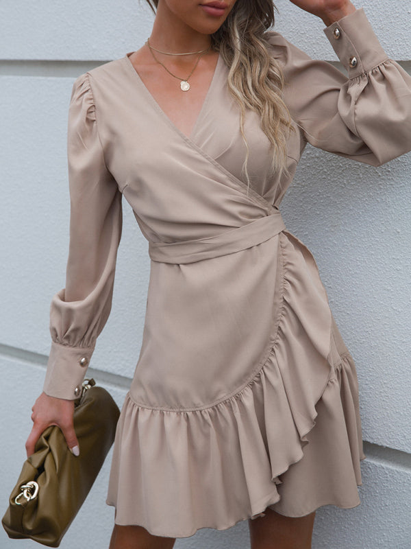 Women’s Neutral Ruffled Drape Hem Wrap Mini Dress With Ruffled Sleeves And Waist Wrap Tie