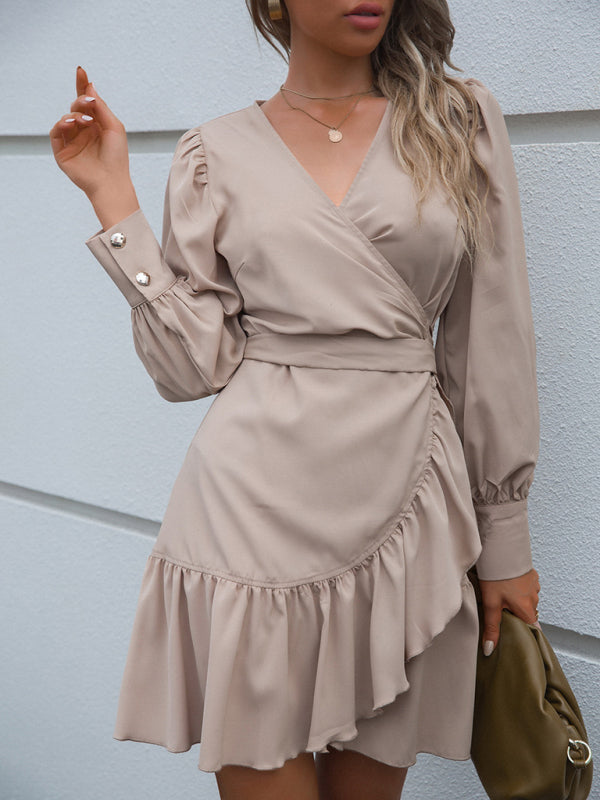 Women’s Neutral Ruffled Drape Hem Wrap Mini Dress With Ruffled Sleeves And Waist Wrap Tie