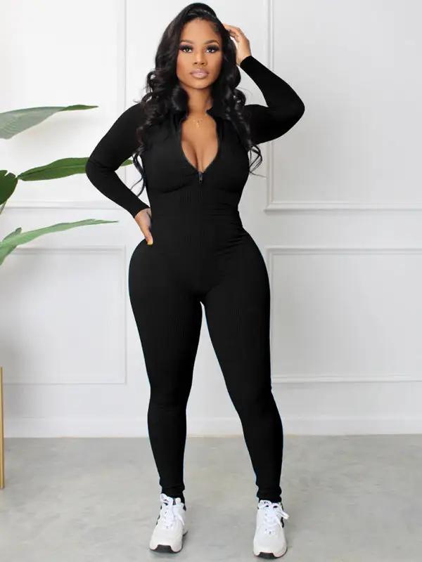 Women's new pit-striped zipper sports jumpsuit