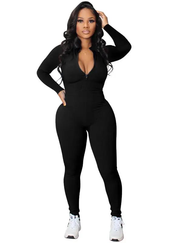 Women's new pit-striped zipper sports jumpsuit