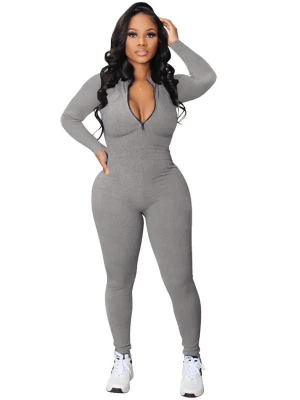 Women's new pit-striped zipper sports jumpsuit