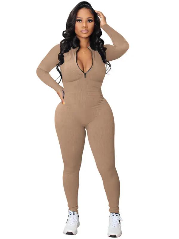 Women's new pit-striped zipper sports jumpsuit