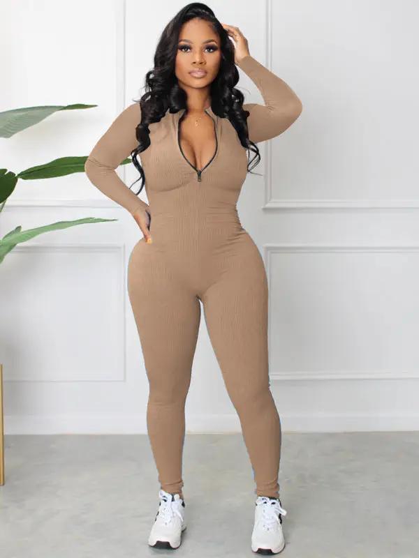 Women's new pit-striped zipper sports jumpsuit