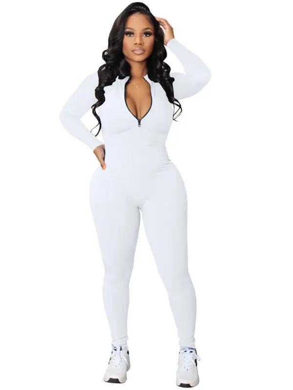 Women's new pit-striped zipper sports jumpsuit