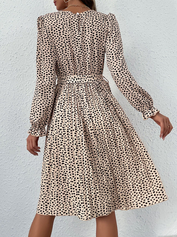 Women’s Leopard Print Long Sleeve Dress With Waist Tie