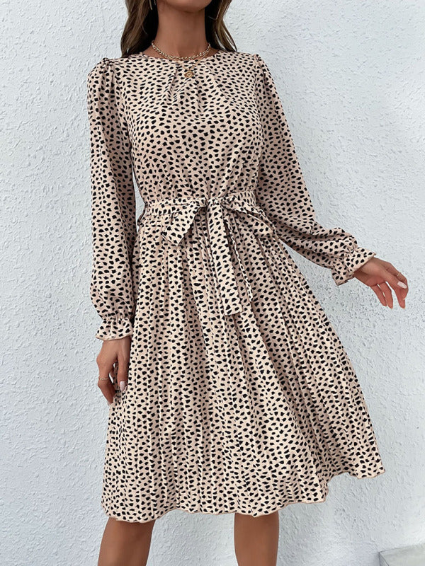 Women’s Leopard Print Long Sleeve Dress With Waist Tie