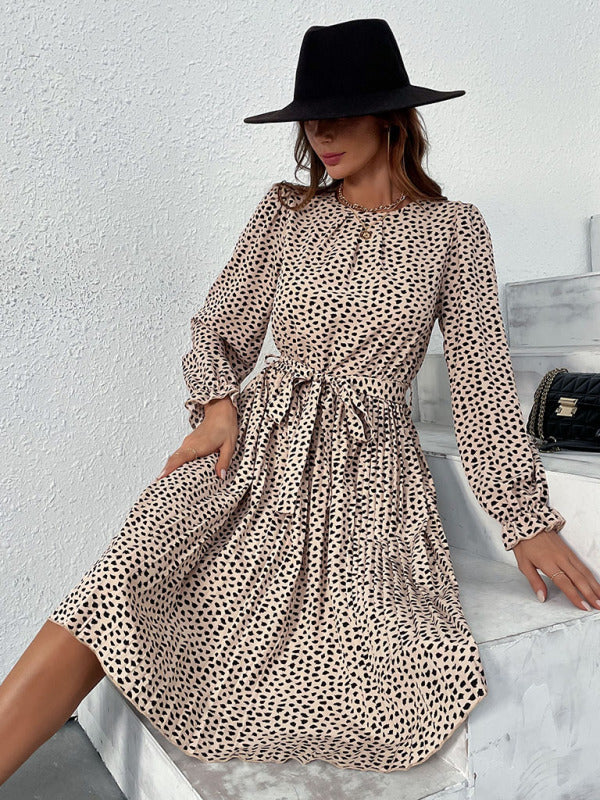 Women’s Leopard Print Long Sleeve Dress With Waist Tie