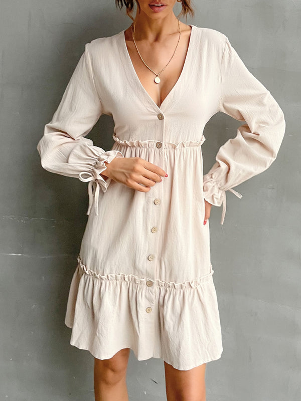 Women’s Dainty Button Down Long Sleeve Dress With Ruffles An Wrist Ties